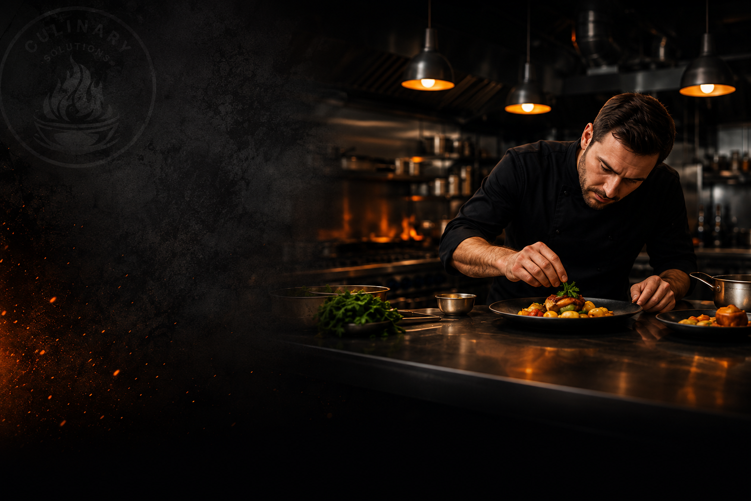 Chef preparing a plated restaurant dish in a professional commercial kitchen